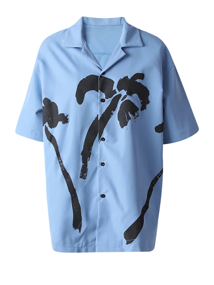 Women Blue Pattern Printed Big Size Casual Blouse New Lapel Short Sleeve Shirt Fashion Tide Spring Summer 2025 CPG3077