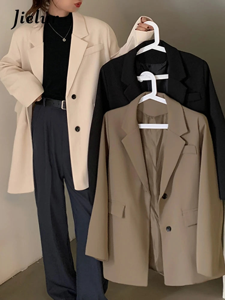 Autumn High-end Simple Fashion Black Blazer Women Leisure Office Lady Suit Jacket Khai Apricot Long Coat Woman M-XXL