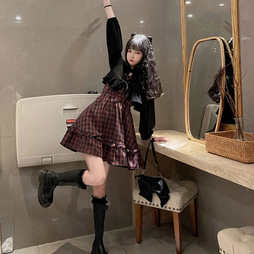 Load image into Gallery viewer, Plaid Dress Sets Women Outfits Black Lace Up Long Sleeve Cardigan Teen Girls Ruffles Sweet High Waist Sleeveless Dresse
