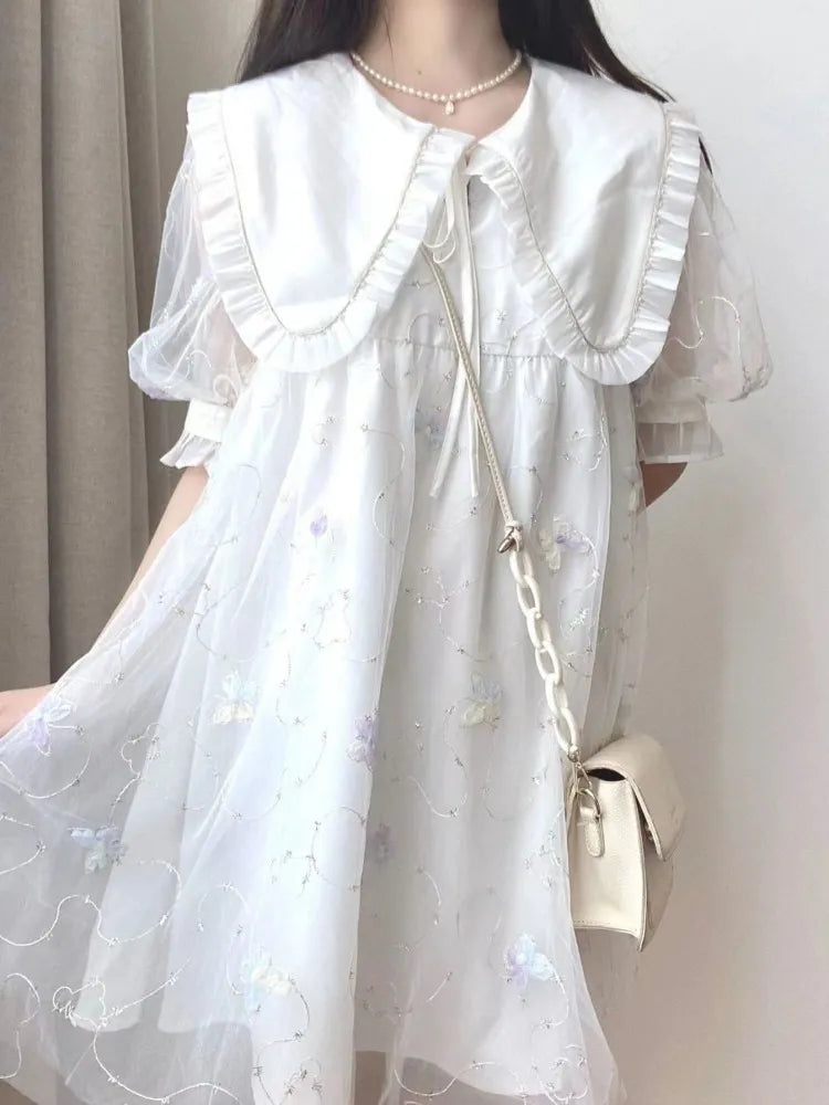 Kawaii Sweet Lolita Dress Soft Girl School Student Preppy Style Cute Mesh Peter Pan Collar Puff Sleeve Short Dresses