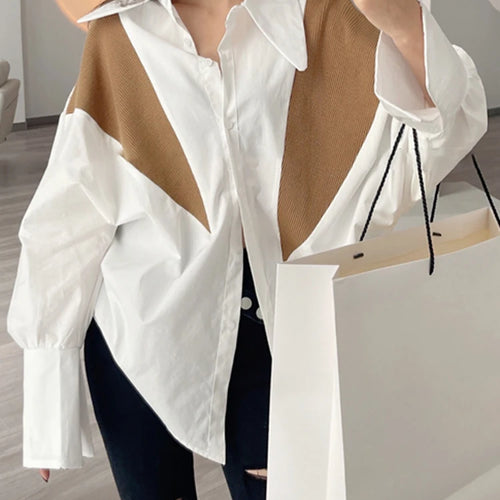 Load image into Gallery viewer, Korean Fashion Straight Shirt For Women Lapel Long Sleeve Patchwork Colorblock Blouses Female Clothing Style
