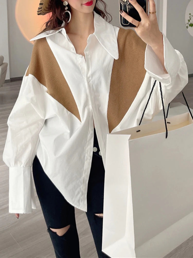 Korean Fashion Straight Shirt For Women Lapel Long Sleeve Patchwork Colorblock Blouses Female Clothing Style