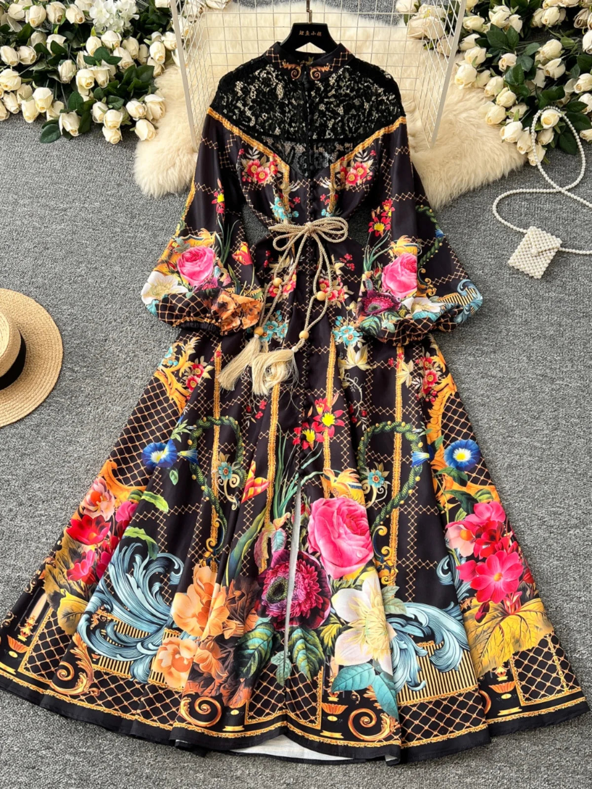 French Retro Women Black Beige Print Patchwork Lace Elegant Long Sleeves Princess Dress Boho Slim Evening Party Dress Spring New
