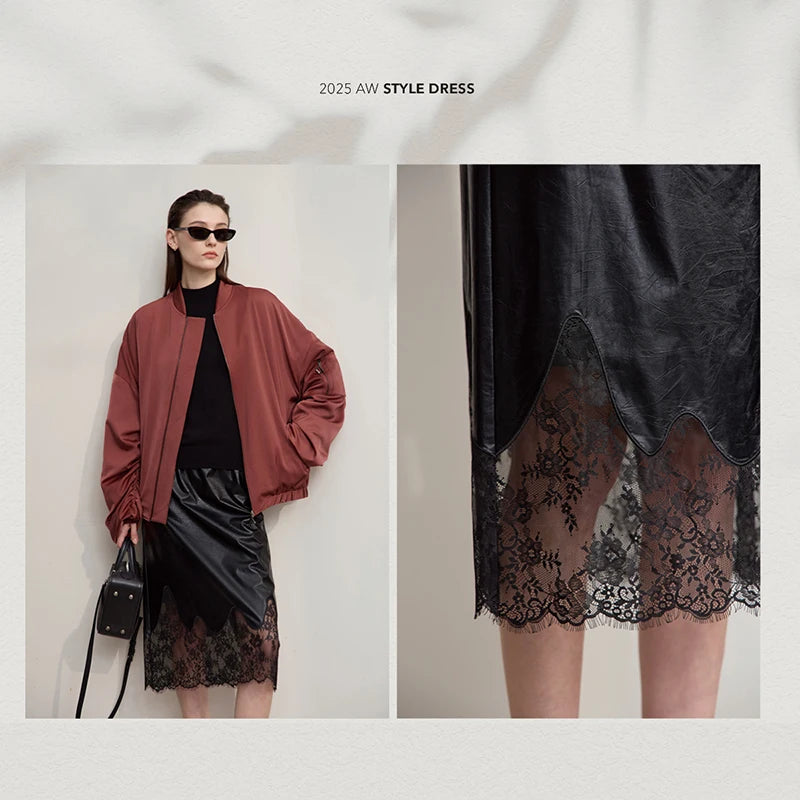 Women's Skirt 2025 Autumn New Minimalist Versatile Clothing Ladies Leather Splicing Lace Solid A-line Midi Skirt 12543095