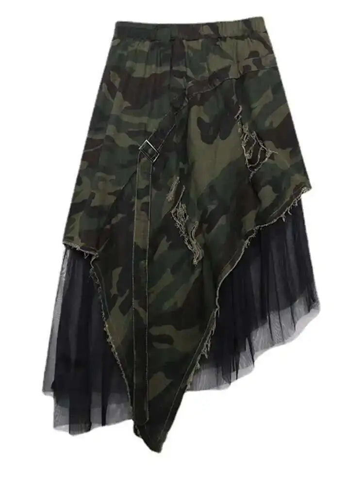 High Elastic Waist Camouflage Irregular Mesh A-line Half-body Skirt Women Fashion Tide New Spring Autumn 2025 1DH6094