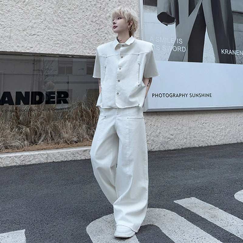 Men's Pants Set New Summer Fringed Zipper Short Sleeved Single Breasted Trendy Solid Color Denim Pants Menwear 9W1799