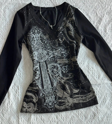 Y2k Aesthetic Vintage Printing Shirts Streetwear Tie-dye Black Loose Tshirts Harajuku Autumn Women Punk Diamond Grunge T-shirt