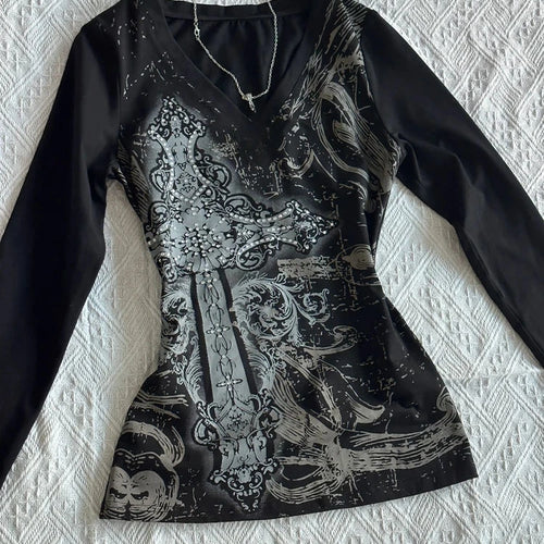 Load image into Gallery viewer, Y2k Aesthetic Vintage Printing Shirts Streetwear Tie-dye Black Loose Tshirts Harajuku Autumn Women Punk Diamond Grunge T-shirt
