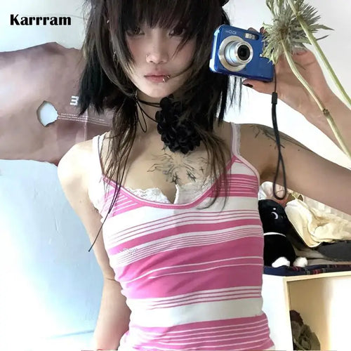 Load image into Gallery viewer, Y2k Aesthetics Camisole Japanese Harajuku Cami Top 2000s Kawaii Crop Top Fairycore Pink Striped Tank Top E-girl Grunge
