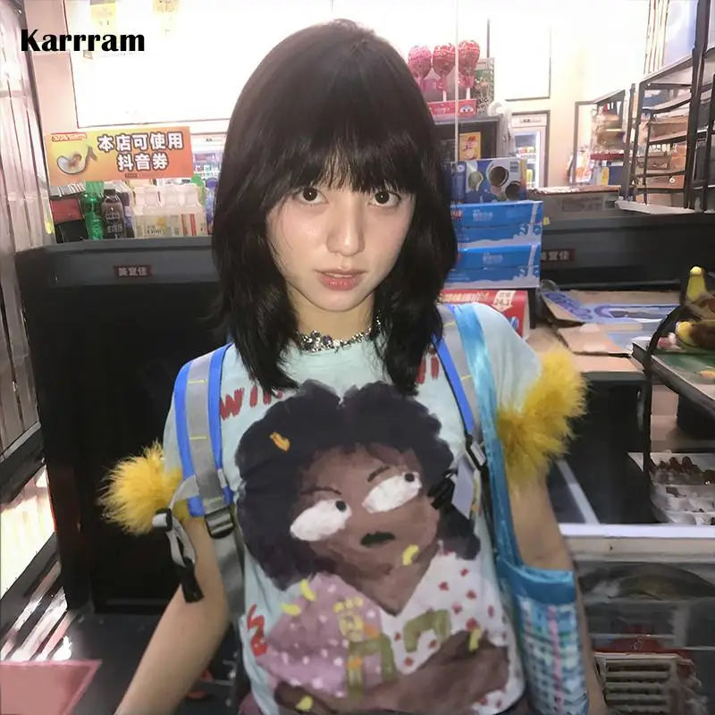 Japanese Y2k Graffiti Print T-shirt Trashy 2000s Style Crop Top Vintage Harajuku Removable Fur Sleeve Tee Shirt American