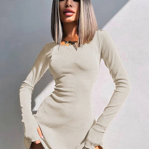 Load image into Gallery viewer, Ribbed Long Sleeve Sexy Mini Dress For Women Autumn Winter New O Neck Bandage Lace-up Fashion Elegant Dress Vestidos
