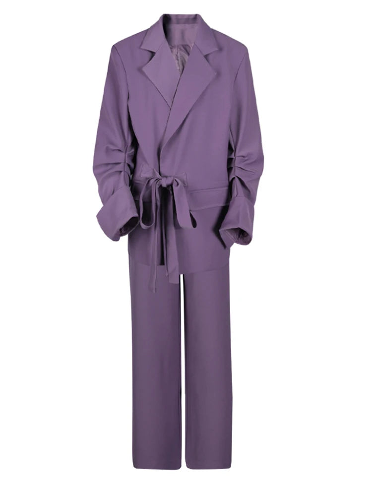 Purple Pleated Blazer Wide Leg Pants Two Piece Suit New Lapel Long Sleeve Women Fashion Tide Spring Autumn 2025 CPG2785