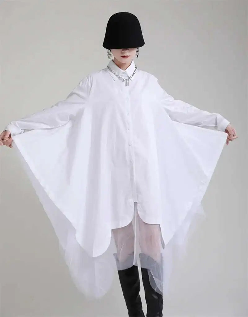 Women Black Irregular Hem Big Size Shirt Dress New Lapel Long Sleeve Loose Fit Fashion Tide Spring Autumn 2025 1DE2485