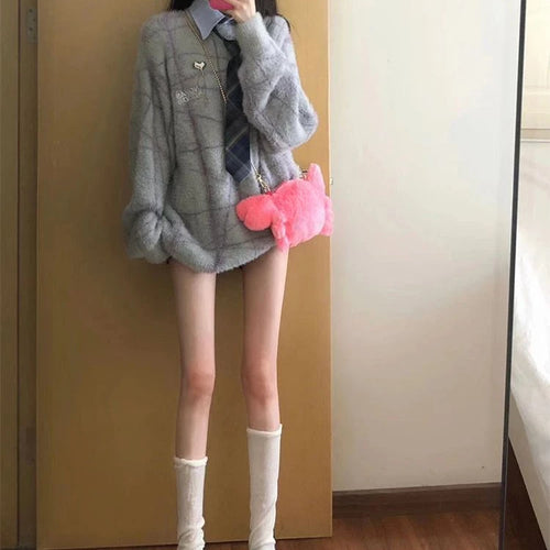 Load image into Gallery viewer, Y2k Aesthetic Autumn Patchwork Sweater Women Letter Embroidery Harajuku Knitted Pullover Streetwear Oversized Grunge Jumper
