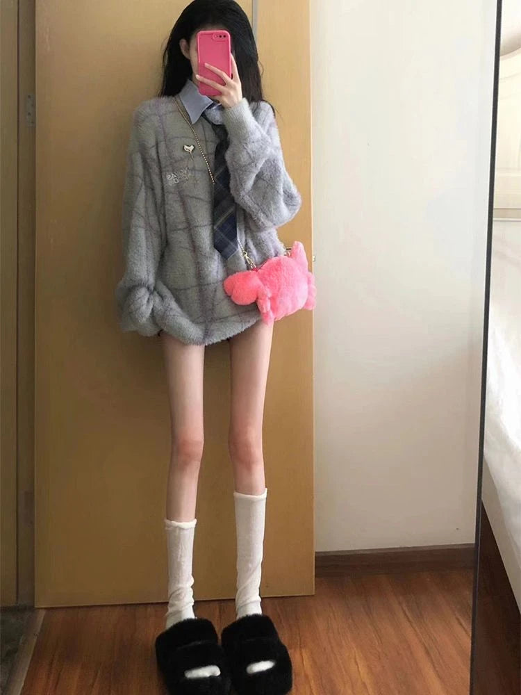 Y2k Aesthetic Autumn Patchwork Sweater Women Letter Embroidery Harajuku Knitted Pullover Streetwear Oversized Grunge Jumper