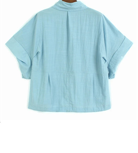 Women Blue Brief Pleated Big Size Thin Blouse New Lapel Short Puff Sleeve Shirt Fashion Tide Spring Summer 2025 1DJ1198