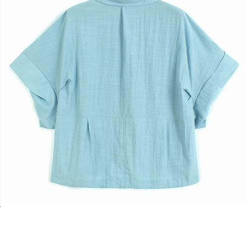 Load image into Gallery viewer, Women Blue Brief Pleated Big Size Thin Blouse New Lapel Short Puff Sleeve Shirt Fashion Tide Spring Summer 2025 1DJ1198
