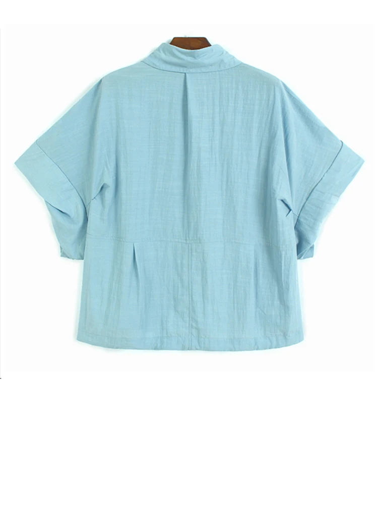 Women Blue Brief Pleated Big Size Thin Blouse New Lapel Short Puff Sleeve Shirt Fashion Tide Spring Summer 2025 1DJ1198