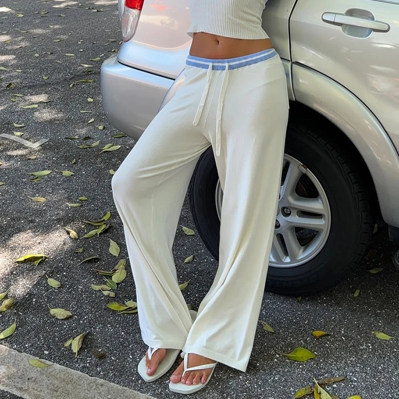 Casual Waist Contrast Color Knitted Pants Women Drawstring Full Length Straight Leg Trousers Spring Low Rise Bottoms