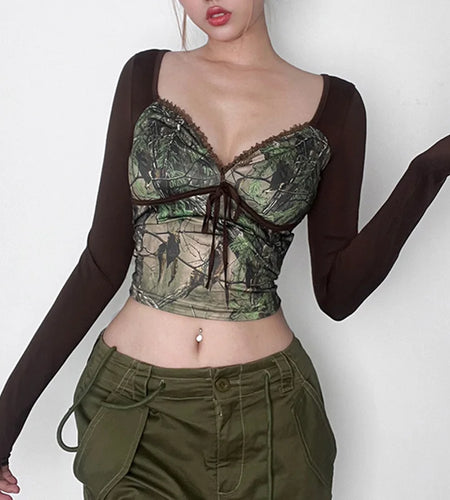 Vintage Skinny Sexy Autumn T shirts Women Party Graphic Printed Y2K Crop Tops Bow Lace Trim Elegant Tee Contrast Chic