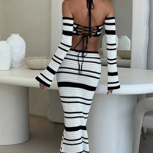 Load image into Gallery viewer, Striped Knit Skirt Two Piece Sets Women Strapless Long Sleeve Crop Tops And Maxi Skirt Sexy Two Piece Sets Knitwear
