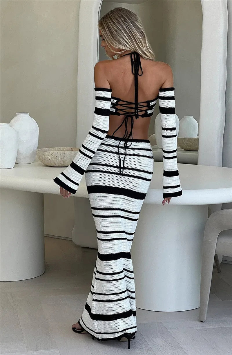 Striped Knit Skirt Two Piece Sets Women Strapless Long Sleeve Crop Tops And Maxi Skirt Sexy Two Piece Sets Knitwear