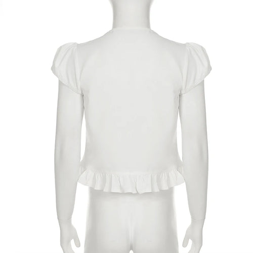 Load image into Gallery viewer, Y2K Aesthetics Lace Trim Patchwork Chic Blouses Women Summer Lace-Up Cardigan Puff Sleeve Shirts Girls Slimming Tops
