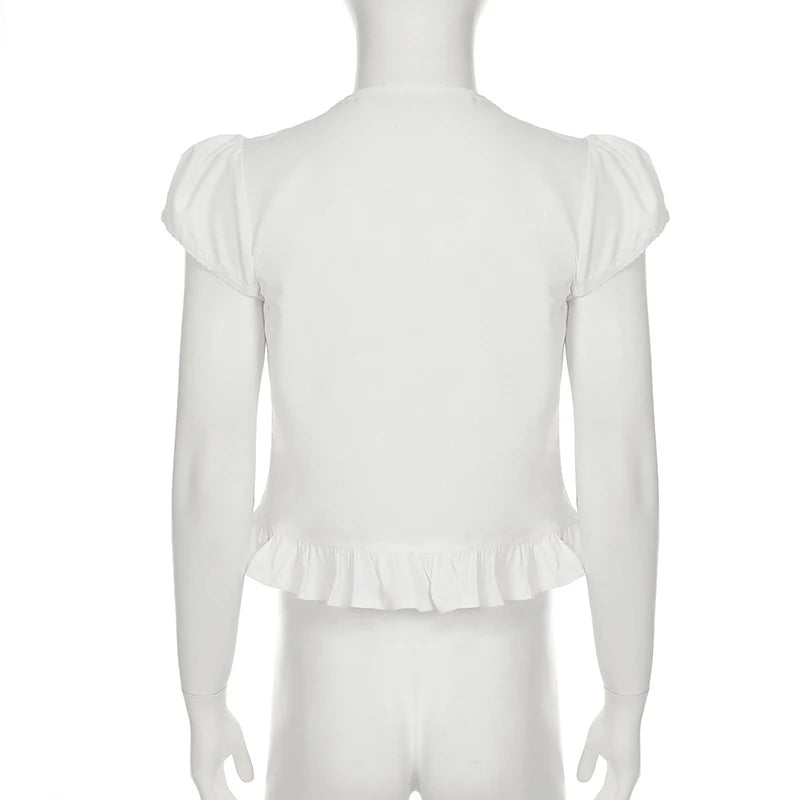 Y2K Aesthetics Lace Trim Patchwork Chic Blouses Women Summer Lace-Up Cardigan Puff Sleeve Shirts Girls Slimming Tops