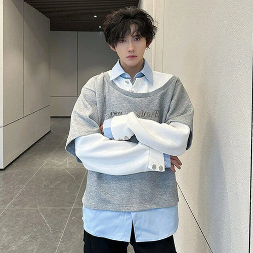 Load image into Gallery viewer, Male Sweatshirts Long Sleeve New Korean Turn-down Collar Design Patchwork Loose Men&#39;s Clothing Summer Men Tops 9W1606
