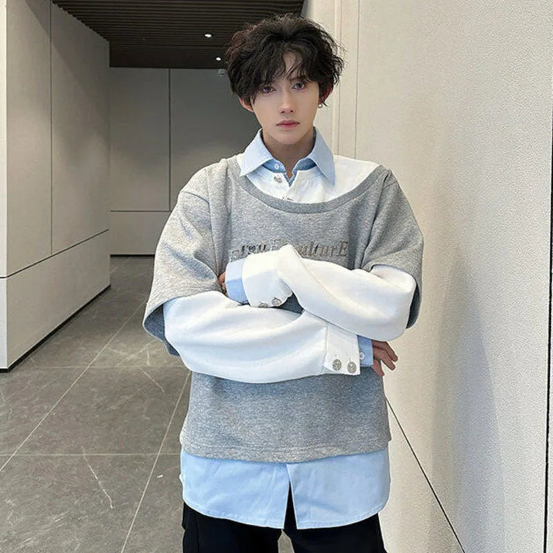 Male Sweatshirts Long Sleeve New Korean Turn-down Collar Design Patchwork Loose Men's Clothing Summer Men Tops 9W1606