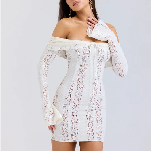 Load image into Gallery viewer, Sexy Lace Patchwork Long Sleeved Tight Mini Skirt Women Bodycon Hollow Lace Up Flared Sleeve Fashion Party Club Dress
