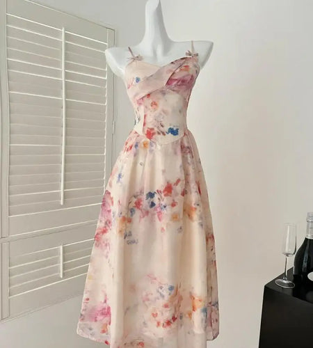 Spring Summer Women Yellow Long Sleeves Cardigan Tops And Retro Floral V-neck High Waist Slim Slip Long Dress 2025 Two-piece Set