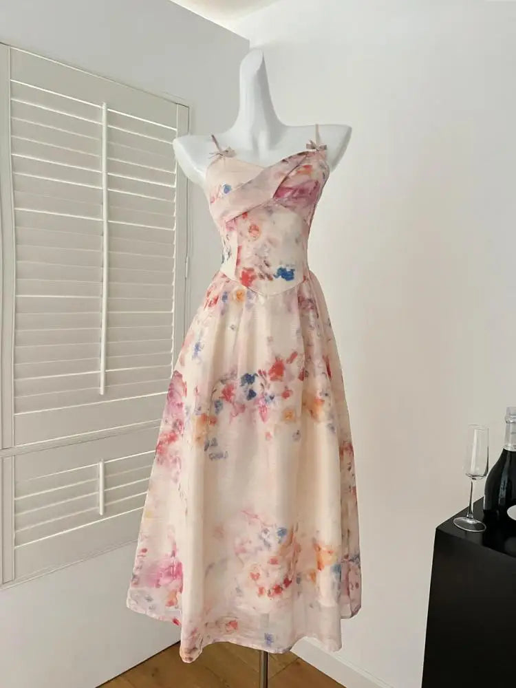 Spring Summer Women Yellow Long Sleeves Cardigan Tops And Retro Floral V-neck High Waist Slim Slip Long Dress 2025 Two-piece Set