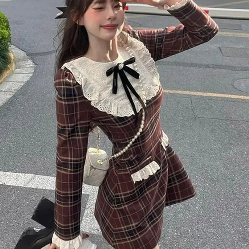 Load image into Gallery viewer, Vintage Striped Plaid Dress Women French Ruffles Elegant Party Kawaii Mini Short Dresses 2023 Autumn Winter Y2k Casual
