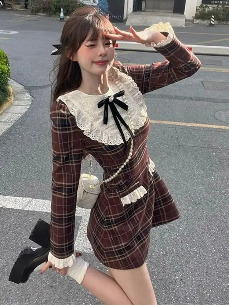 Vintage Striped Plaid Dress Women French Ruffles Elegant Party Kawaii Mini Short Dresses 2023 Autumn Winter Y2k Casual