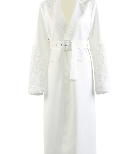 Women White Sequins Flower Big Size Long Blazer New Lapel Long Sleeve Jacket Fashion Tide Spring Autumn 2025 1DJ1288