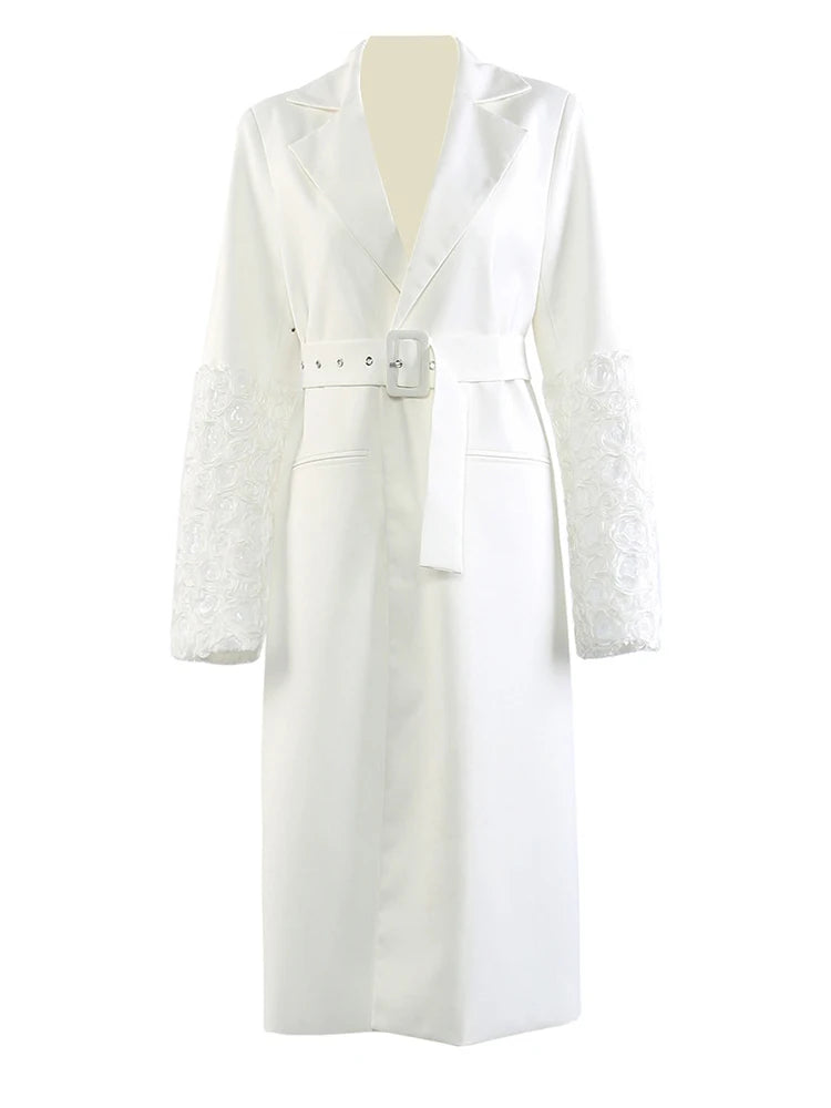 Women White Sequins Flower Big Size Long Blazer New Lapel Long Sleeve Jacket Fashion Tide Spring Autumn 2025 1DJ1288