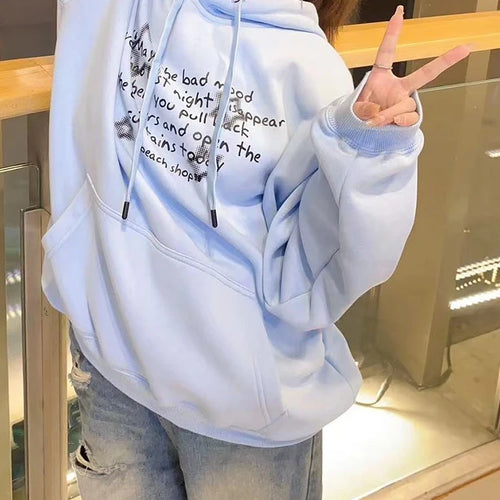 Load image into Gallery viewer, Sky Blue Hooded Drawstring Chic Letter Print Women Hoodies Winter Solid Color Street Simple Casual Fashion Female Hoodies
