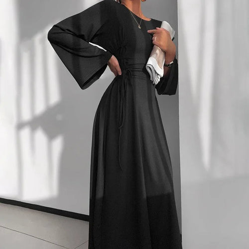Load image into Gallery viewer, Ribbed Bandage Sexy Maxi Dress For Women Solid Lace-up O Neck Long Sleeve High Waist Elegant Long Dress Fashion
