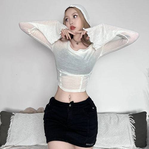 Load image into Gallery viewer, White Hooded Flare Sleeve T shirt for Women Stitch Casual Summer Tops y2k See Through Korean Fairycore Tees Clothing
