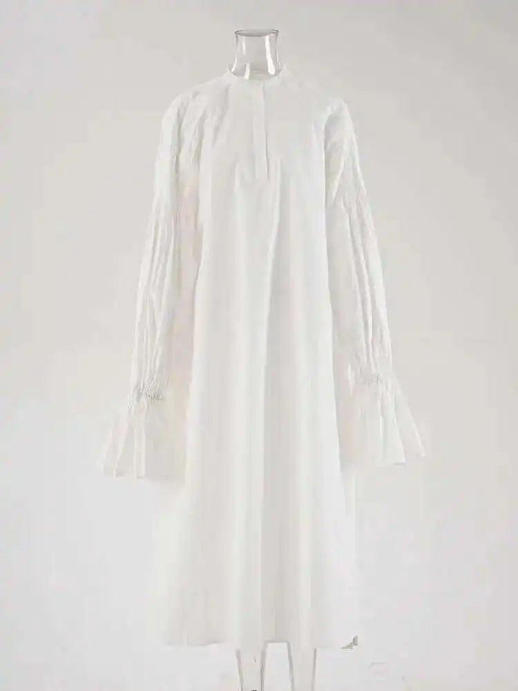 Women White Big Size Elegant Shirt Dress New Stand Collar Long Flare Sleeve Fashion Tide Spring Autumn 2025 CPDB216