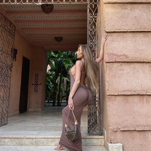 Load image into Gallery viewer, Spaghetti Strap Backless Bodycon Maxi Dress Women Autumn New Thickened Fabric Sleeveless Club Party Sexy Long Dress
