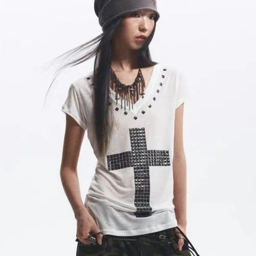 Load image into Gallery viewer, 2025 Y2k Aesthetic Women Casual T-shirt Vintage Cross Beading Streetwear Grunge Tshirts Harajuku Gothic Loose Vintage Tees Femme
