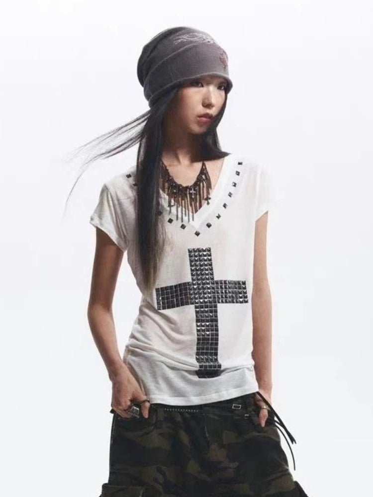 2025 Y2k Aesthetic Women Casual T-shirt Vintage Cross Beading Streetwear Grunge Tshirts Harajuku Gothic Loose Vintage Tees Femme