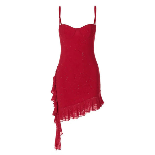 Load image into Gallery viewer, Spaghetti Strap Ruffled Sexy Mini Dress For Women Red Fashion Sleeveless Backless High Waist A-line Club Party Dress
