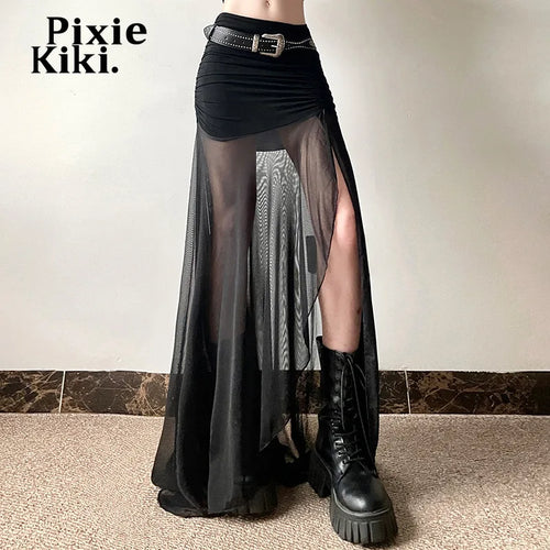 Load image into Gallery viewer, Street Fashion Patchwork Mesh Skirts for Women Sexy Black High Split Long Skirt Summer Y2k Clothing P94-CD22
