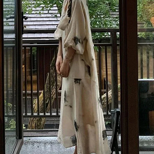 Load image into Gallery viewer, Printed Women&#39;s Dress Casual Chinese Style Maxi Dresses Autumn Office Lady with V-neck and Lantern Sleeve Versatile Dress
