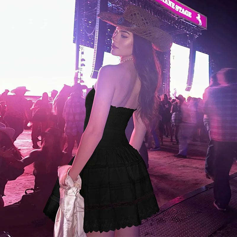 Off-shoulder Strapless A-line Sexy Mini Dress For Women Fashion Lace Sleeveless Backless High Waist Club Party Dress