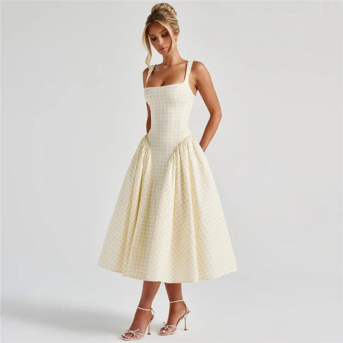 Load image into Gallery viewer, Plaid Printed Maxi Dress For Women Gown Summer New Spaghetti Strap High Waist A-line Backless Club Long Dress Vestido
