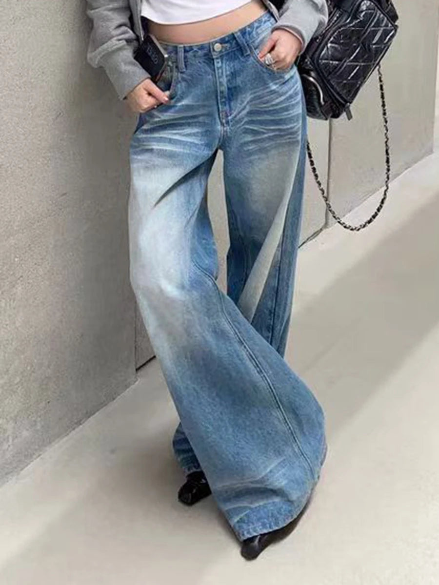 Gradient Loose Versatile Casual Jeans for Women High Wasit Patchwork Pockets Fashion Wide Leg Jean Female Clothing